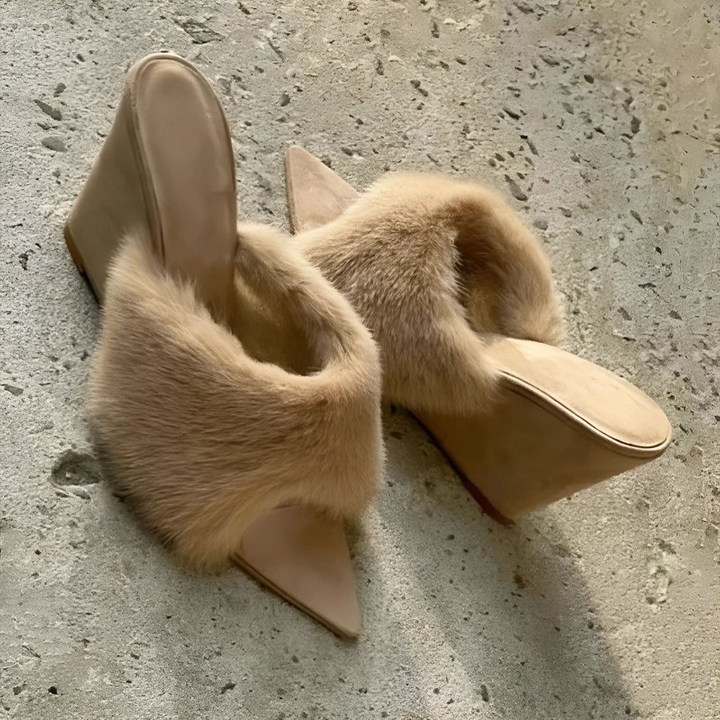 Apricot French casual wedge slippers with artificial plush upper and rubber sole for height increase