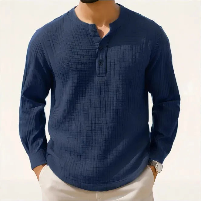 Long sleeve linen blend shirt with round neck and 3/4 sleeves in Army Green colour