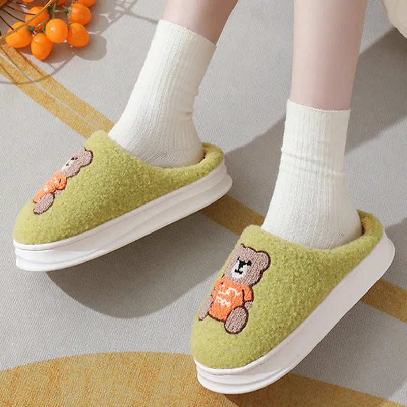 Lovely cartoon bear woolen slippers for women with plush upper and synthetic wool lining in dark blue