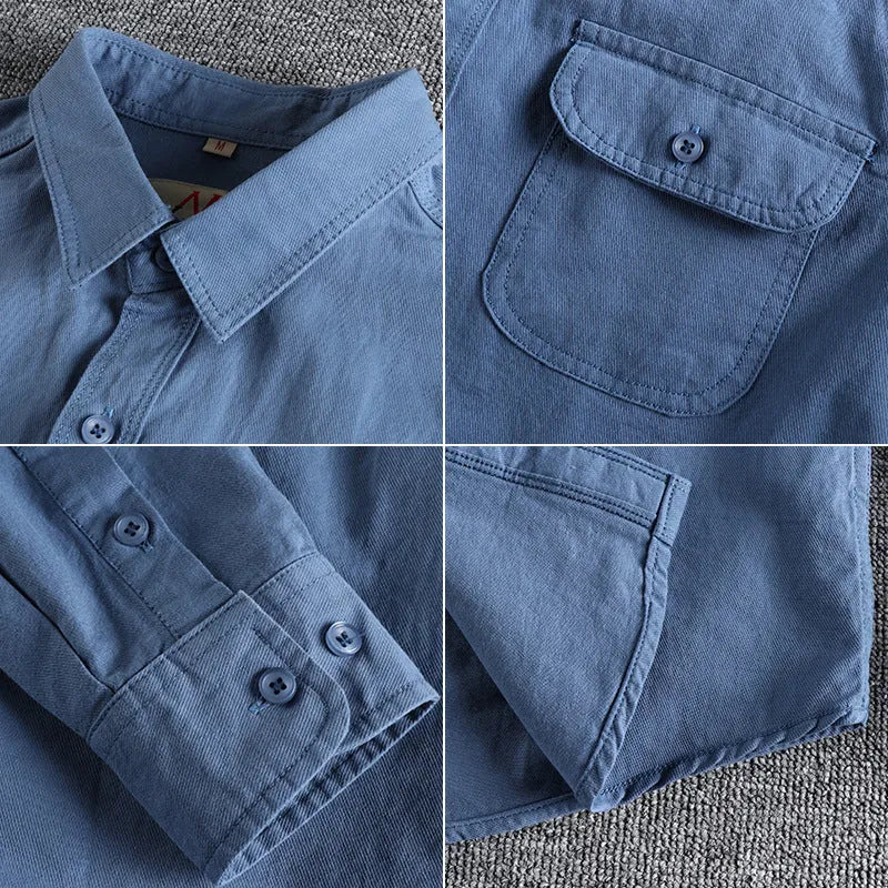Men's light blue cotton long sleeve shirt in a retro cardigan style on a hanger
