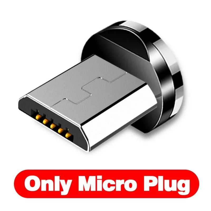 Black magnetic charging cable with aluminium connectors for Micro USB, Type C, and Apple devices.