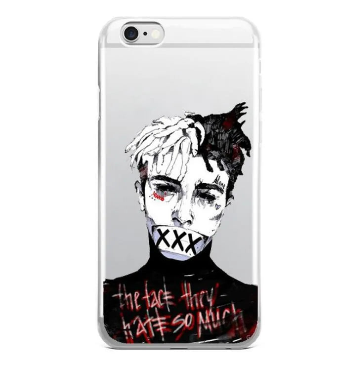 Matte transparent iPhone case with XXXTentacion pattern, showing half-wrapped design on an iPhone.