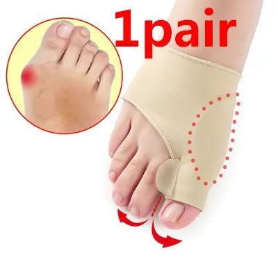 Corrective toe socks with a silicone gel bunion pad and toe separator on a grey background.