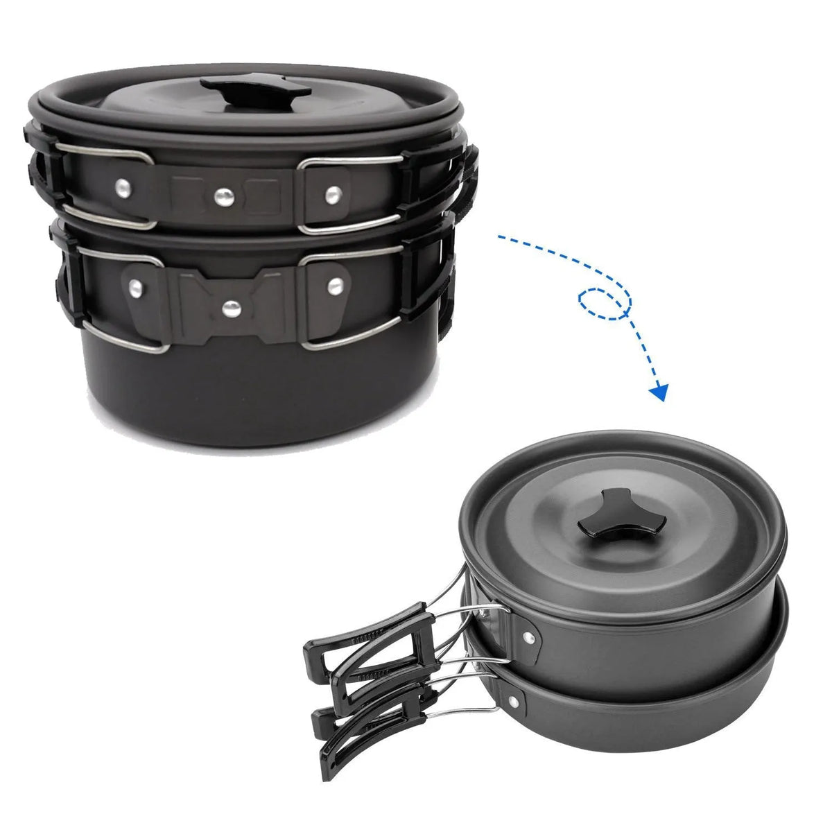 Hard alumina camping cookware set with saucepan, frying pan, 800ml teapot, two 175ml stainless steel cups, cutlery and mesh bag