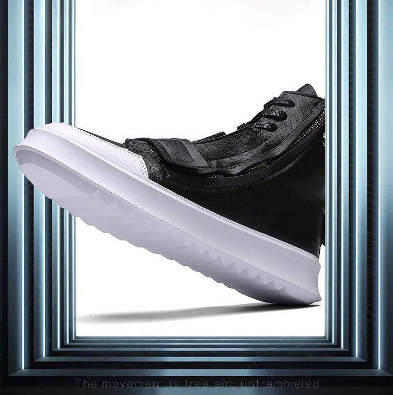 Men's black PU leather high-top ankle boot on a white background