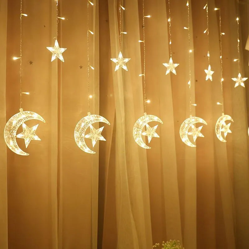 4-metre Christmas LED curtain lights with stars and moons, 138 LEDs, 8 modes, UK plug for indoor window decoration