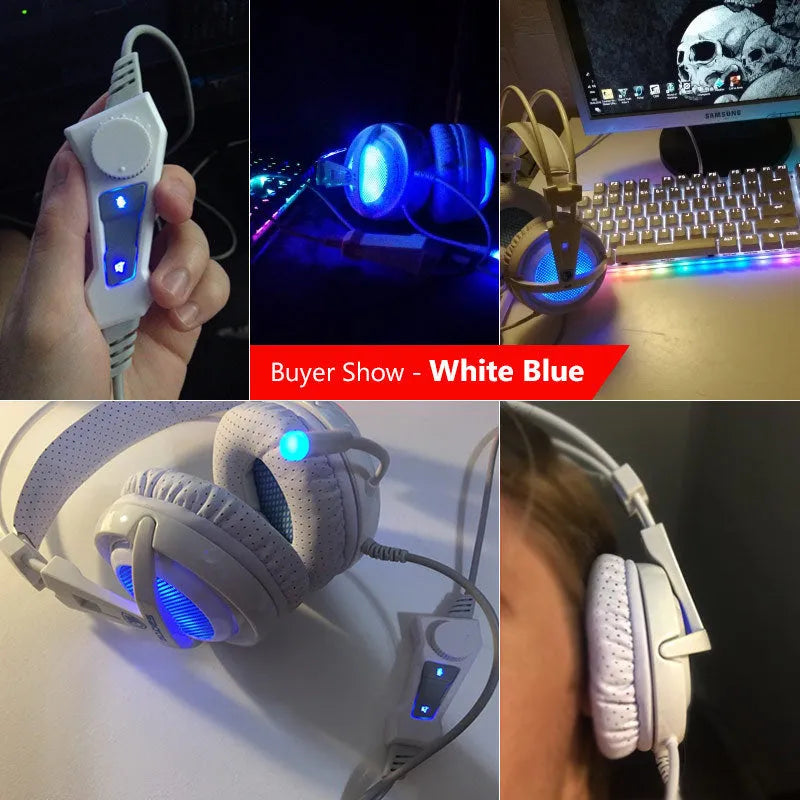 Black and white USB gaming headset with LED lights and 4-piece padded headband on a grey background.