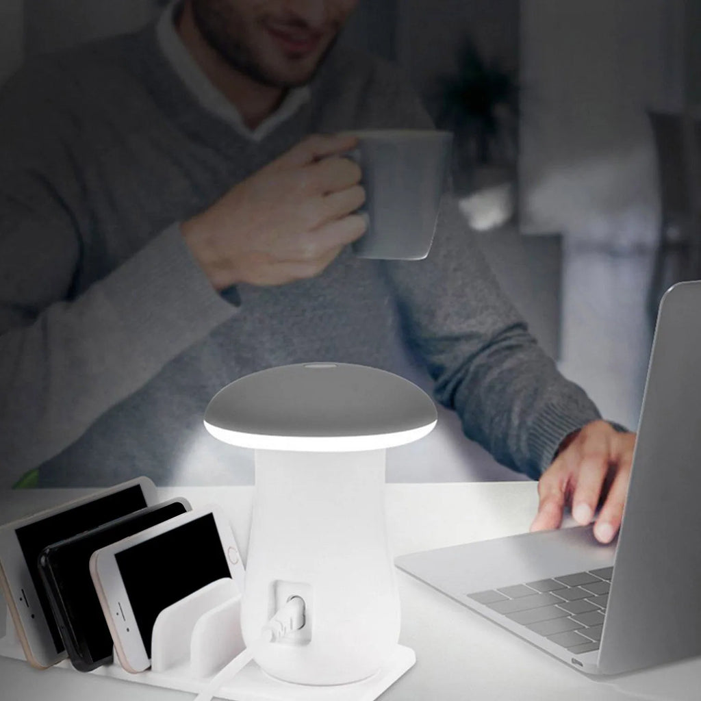 White mushroom-shaped USB charging dock station with five ports and integrated LED night light