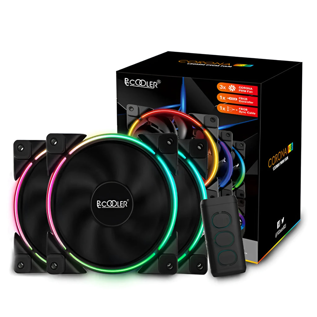 Three black 120mm RGB PC cooling fans with illuminated blades