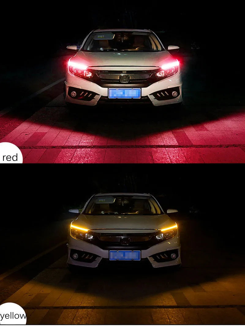 Car LED daytime running light strip with flowing turn signal effect in blue to yellow colour.