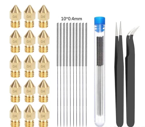 Brass MK8 3D printer nozzle and stainless steel cleaning pin kit on a white background.
