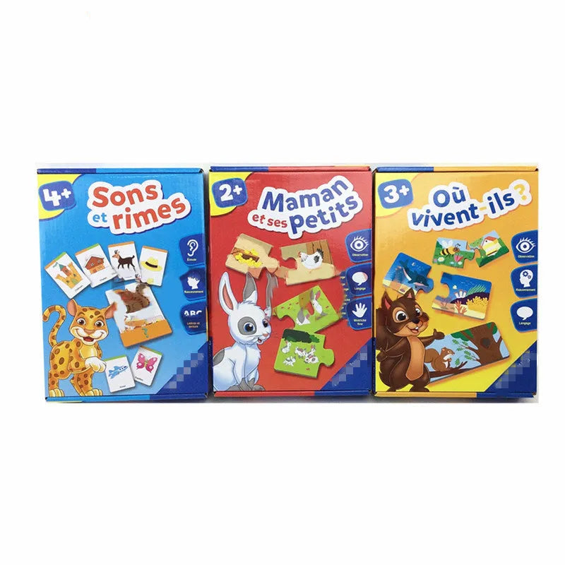 French educational puzzle toy for children with 24 picture and word pieces on a table.