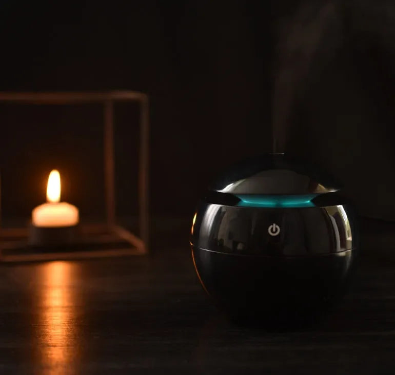 USB ultrasonic atomizer humidifier with colourful light, 130ml tank, 110x110x95mm size, available in Deep, Shallow, black, and white