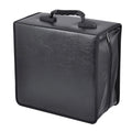 Black Oxford fabric CD DVD storage binder with zipper and top hand strap open to show disc sleeves.