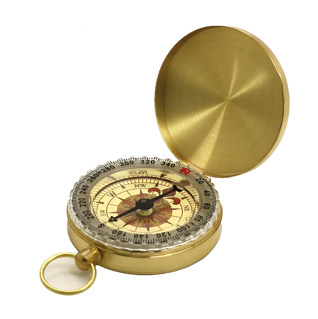 Metal flip compass outdoor pocket watch compass gold colour copper-tone close-up