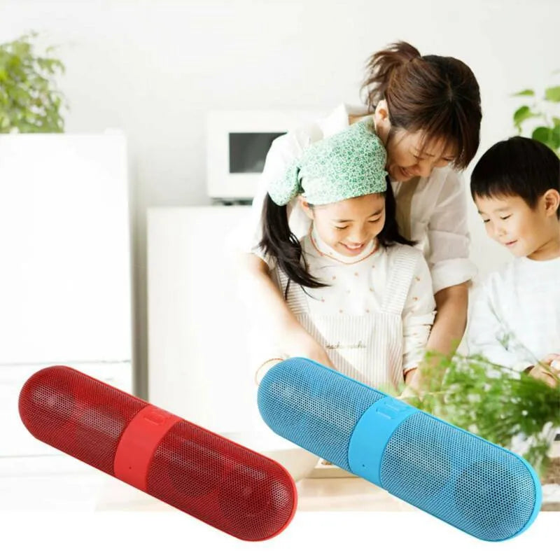 Portable blue pill-shaped Bluetooth speaker with dustproof plastic shell and button controls