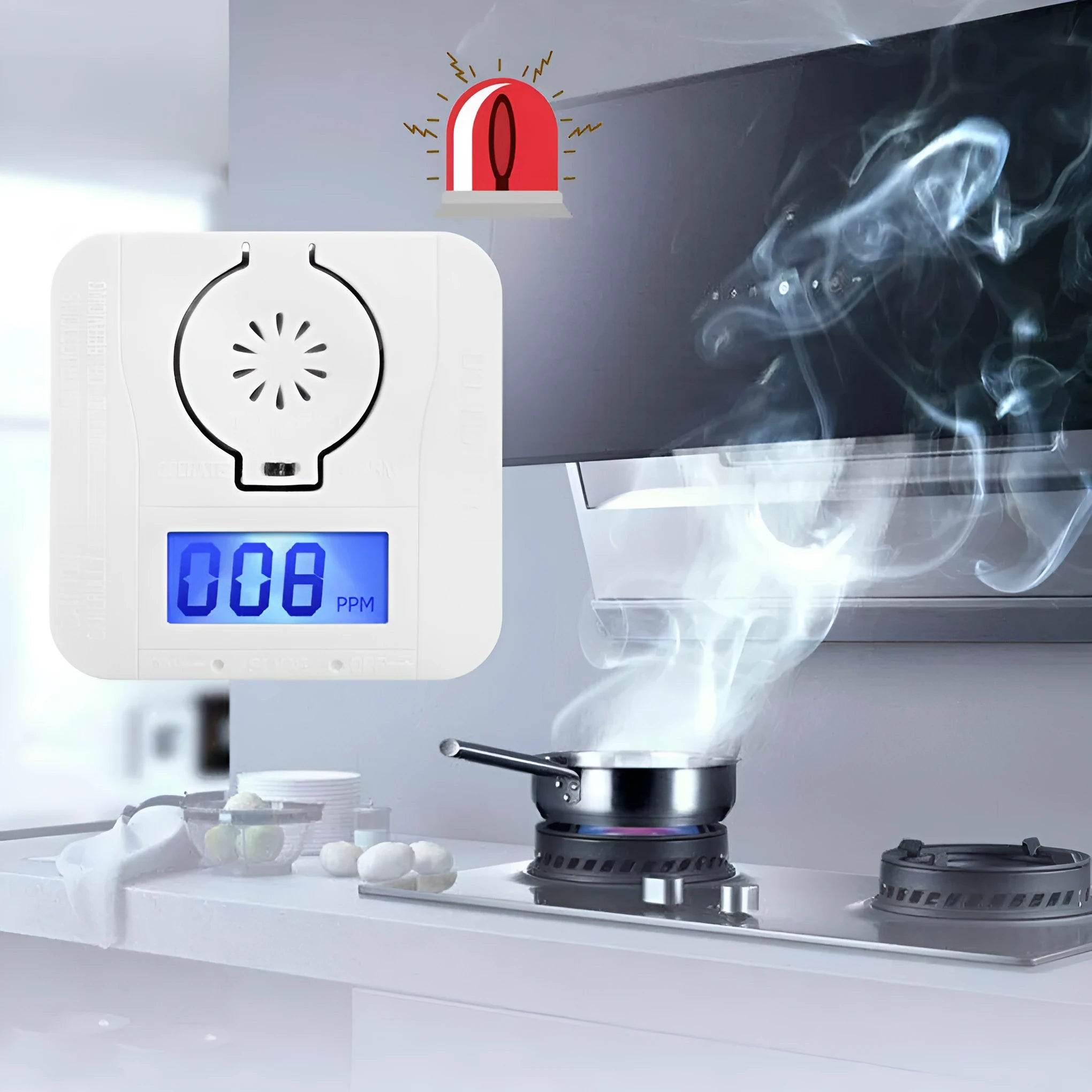 White carbon monoxide alarm unit for wall mounting with wireless communication and audible alarm function