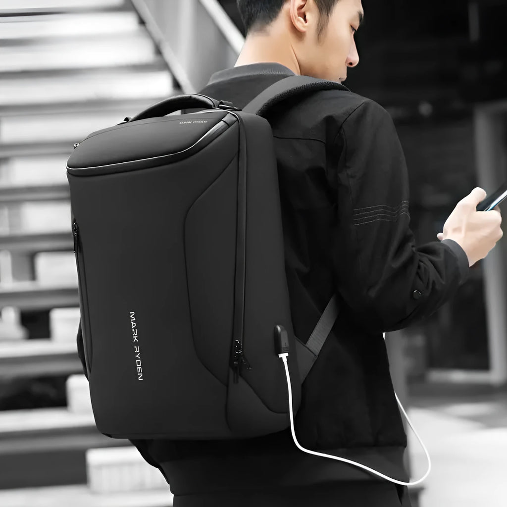 Oxford cloth black backpack with 108° opening and USB charging port, 20-35L capacity