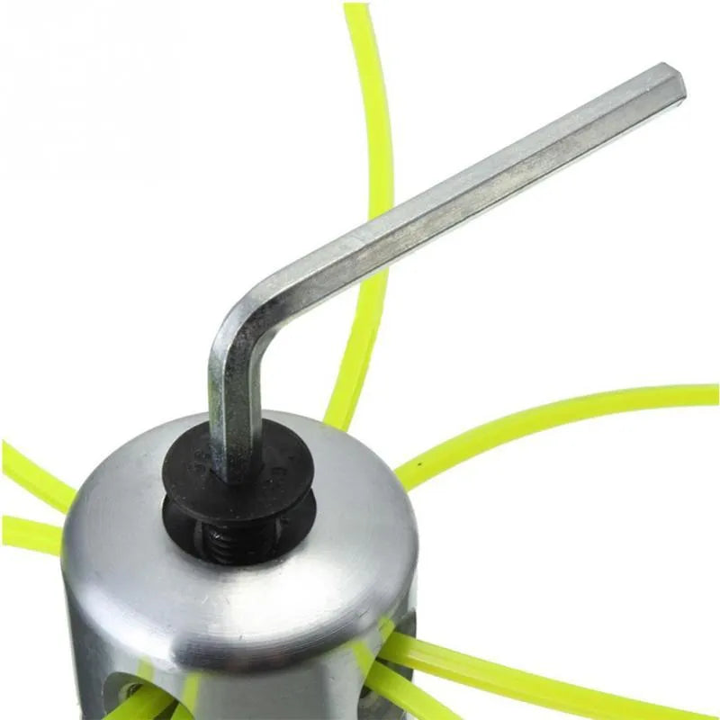 Silver aluminium lawn mower cutting head with four light yellow square grass strings and installation tools