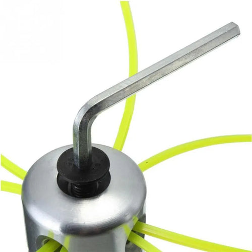 Silver aluminium lawn mower grass trimmer head with four light yellow square cords and a wrench