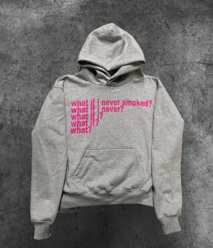 Black hooded sweater with white letter print pattern, hood up, front view