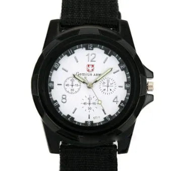 Cloth belt weaving military watch with quartz movement 40.5mm round dial and textile strap on display