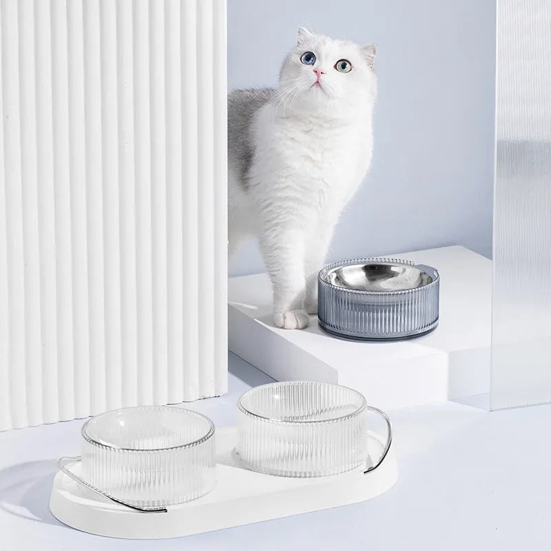 DouBowl Bobo double cat bowl in mint green and plaster white, size M, ABS tray and zinc alloy handle