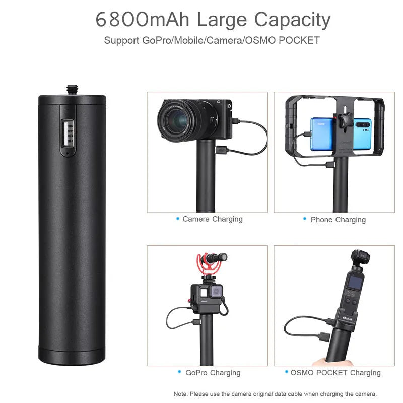 Black aluminium alloy portable power bank with a carry handle, showing its compact size.