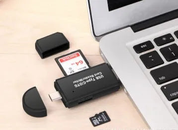 Black USB 3.0 card reader with USB-C connector for SD and TF memory cards