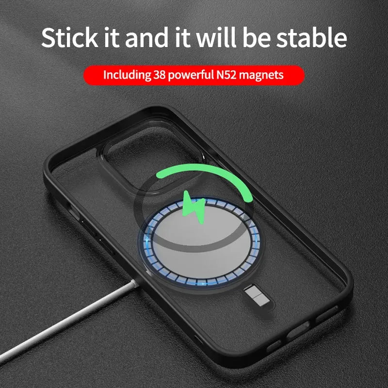 Magnetic suction shell phone case with metal lens frame and acrylic back for iPhone, black edge red frame