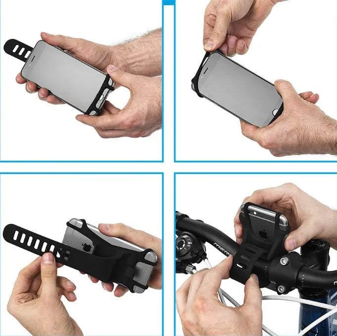 Silicone bicycle mobile phone bracket in black, mounted on handlebar, holding a smartphone vertically