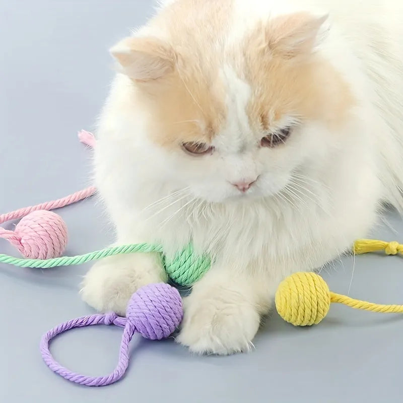 Colourful cat toy ball with attached rope and internal bell in green, pink, purple, and yellow options