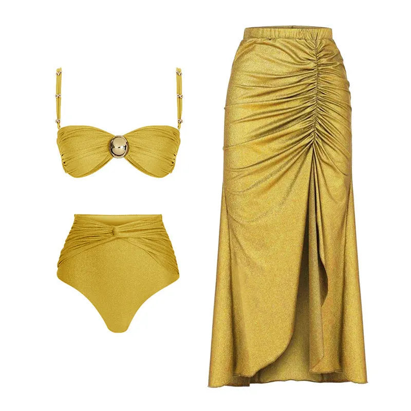 Yellow and green high-waisted women's bikini swimsuit on a mannequin.