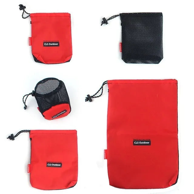 Red outdoor travel storage bag set containing five Oxford cloth and mesh organisers with zipper closures