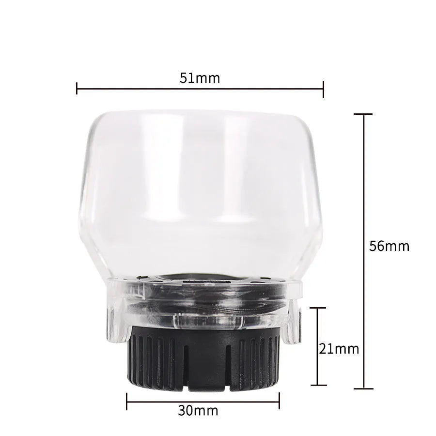 Transparent plastic horn-shaped safety cover for Delta electric grinders on a workbench.