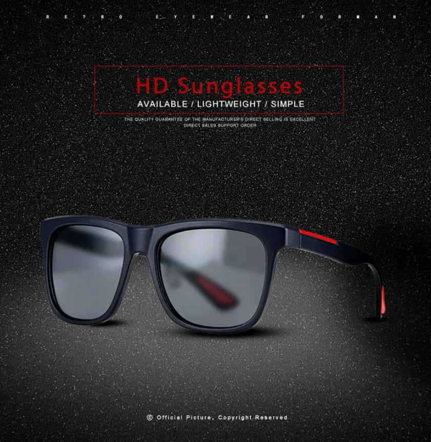 Men's square photochromic sunglasses with UV400 protection, black frame and red edge detail