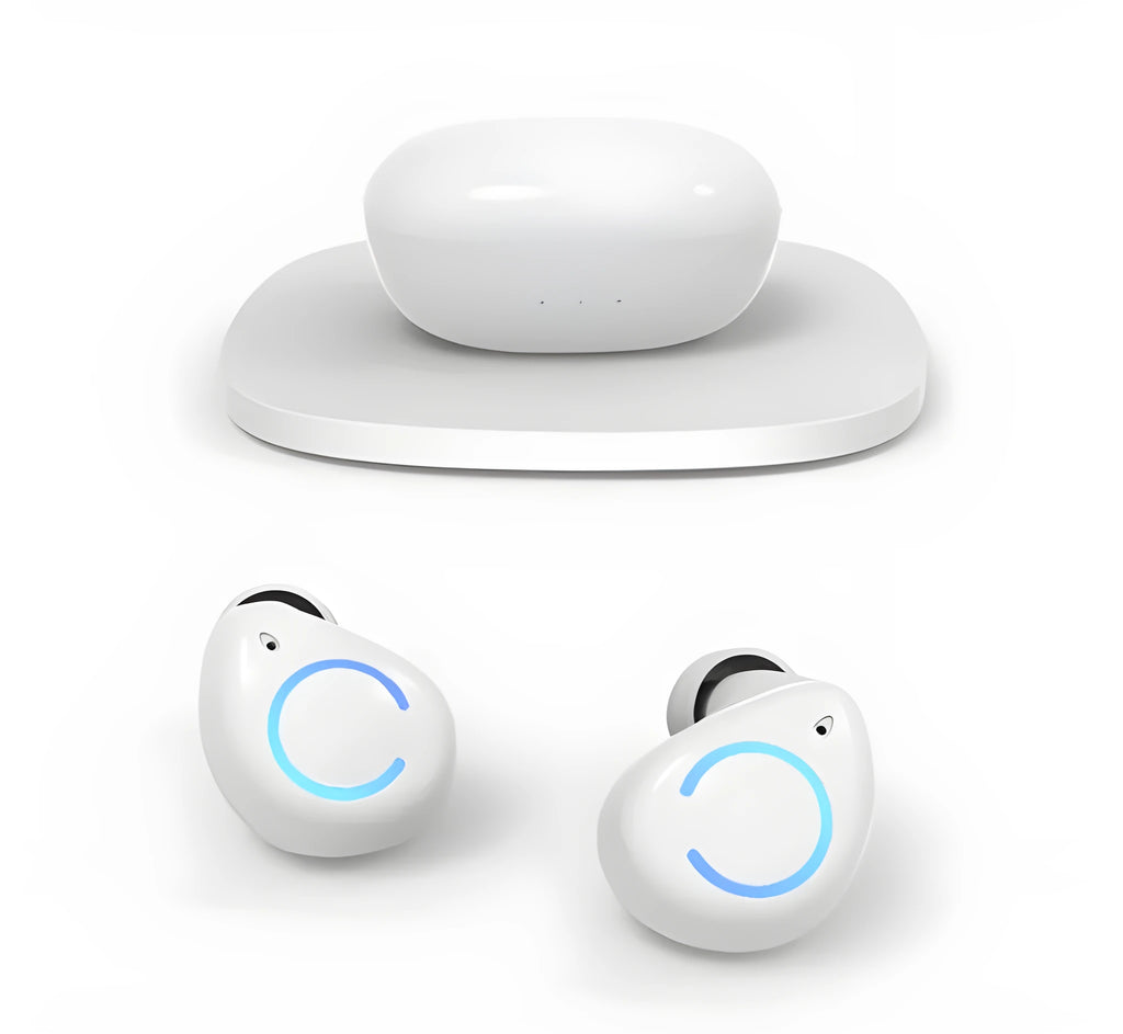 Black and white M18 true wireless in-ear stereo headset with Bluetooth 5.0.