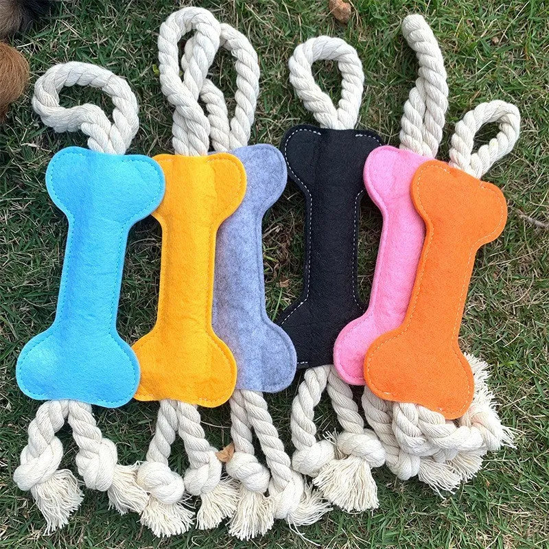 Bone shaped dog rope toy with felt exterior in four colour options