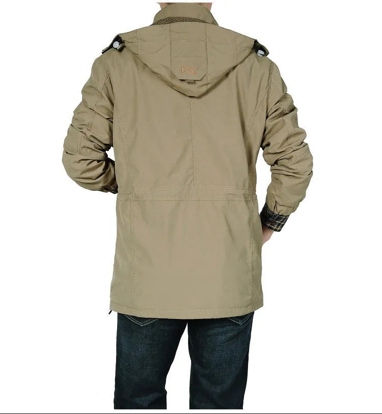 Men's waterproof nylon jacket with hood and stand collar in black, blue, green, khaki