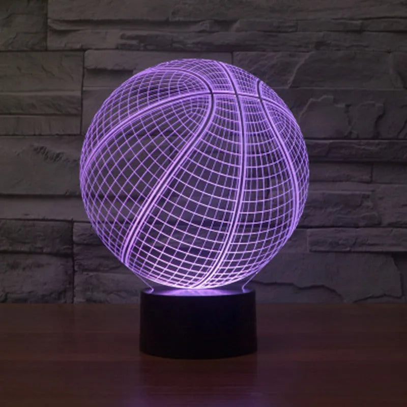 Basketball 3D Illusion Lamp with cyan light on acrylic glass showing three-dimensional effect