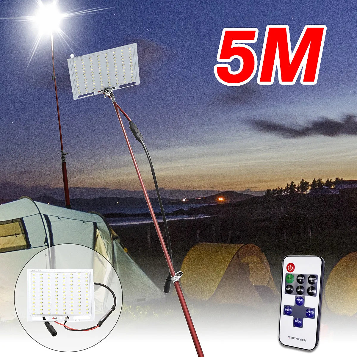 White LED fishing rod light with telescopic pole and remote control for outdoor use