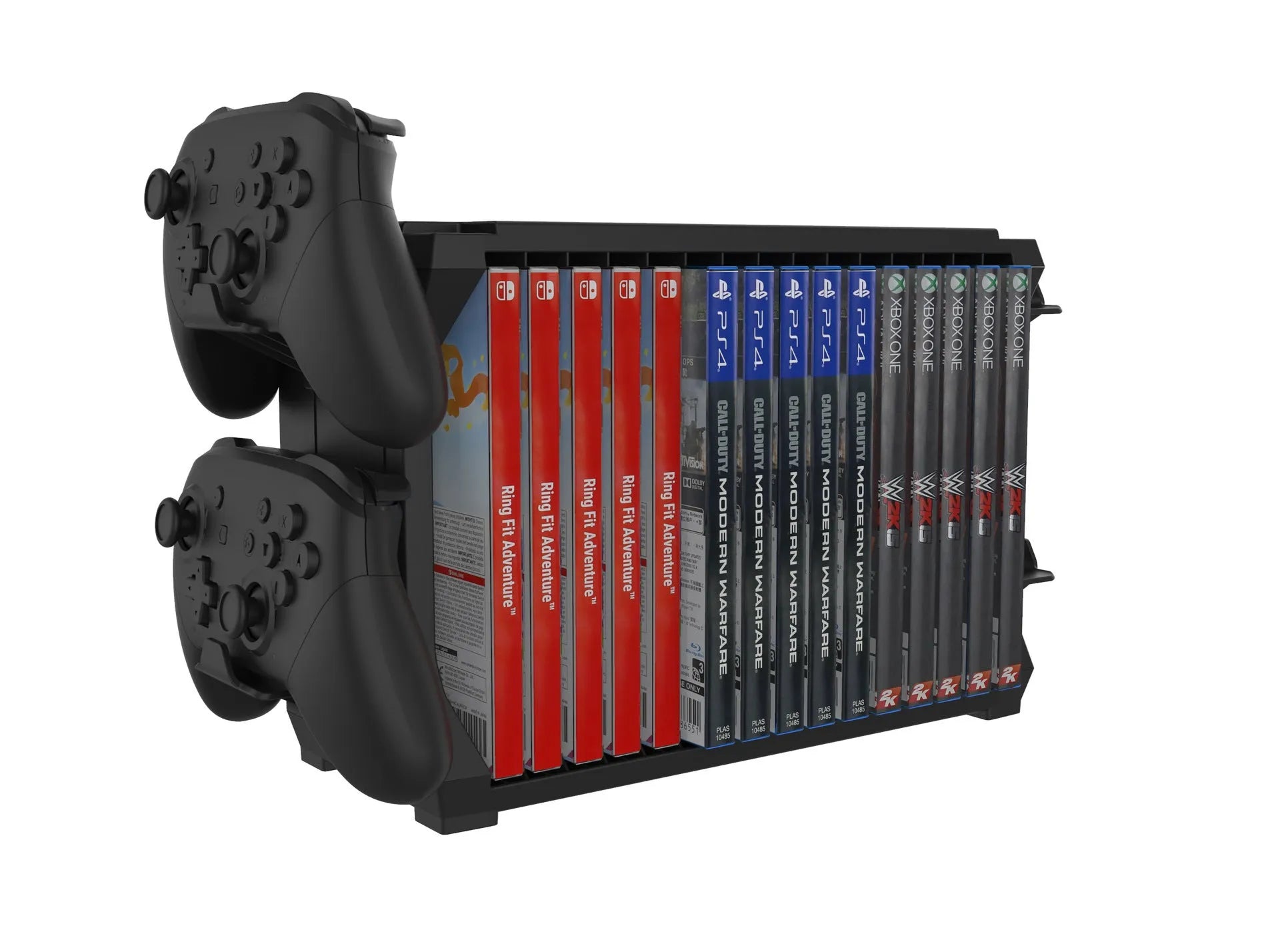 Black PS5 and Xbox Series X disc holder with controller storage compartments