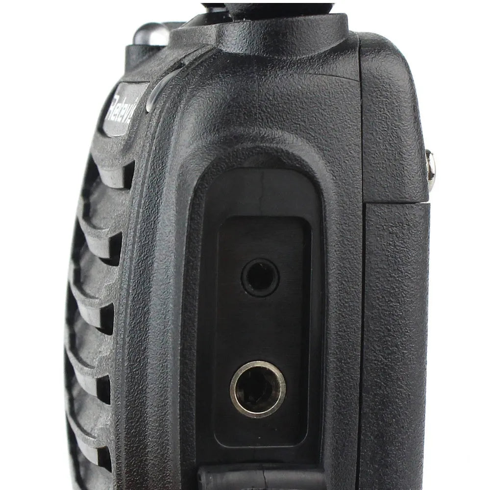 H777 black civil walkie talkie with Li-ion battery and antenna on plain background