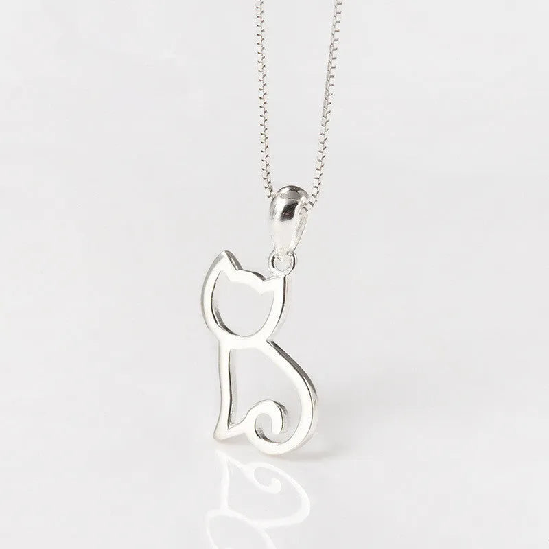 Korean style cat necklace with simple silver animal pendant and necklace option