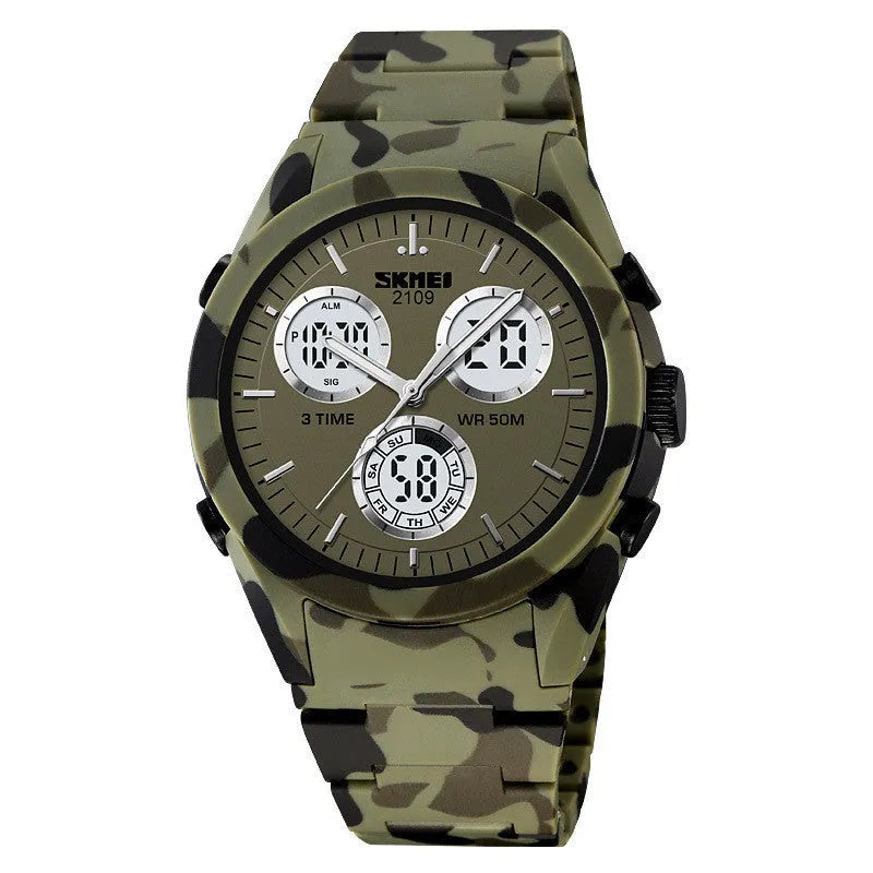 Men's and women's electronic casual watch with a black TPU strap and camouflage-pattern dial on a wrist.