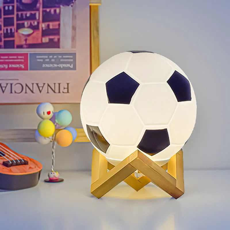 Football LED small night lamp with glass shade, USB plug-in, black and white or wooden frame option