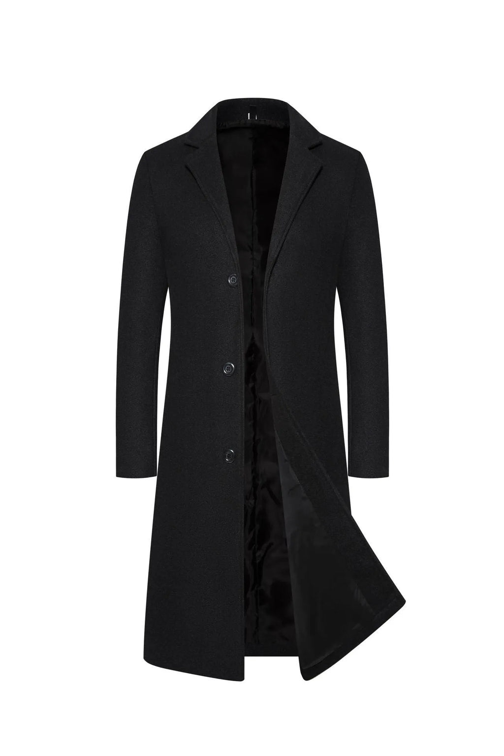 Men's mid-length wool and cotton trench coat in black, dark gray, camel or light gray, slim fit, sizes M to 5XL