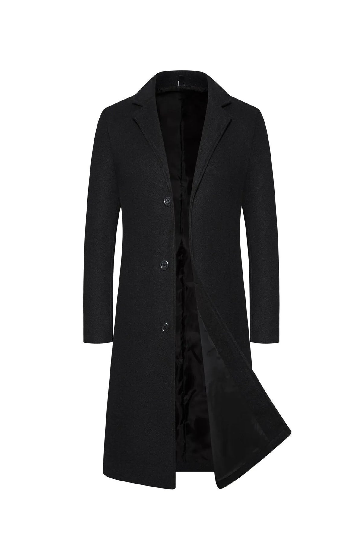 Men's mid-length wool and cotton trench coat in black, dark gray, camel or light gray, slim fit, sizes M to 5XL
