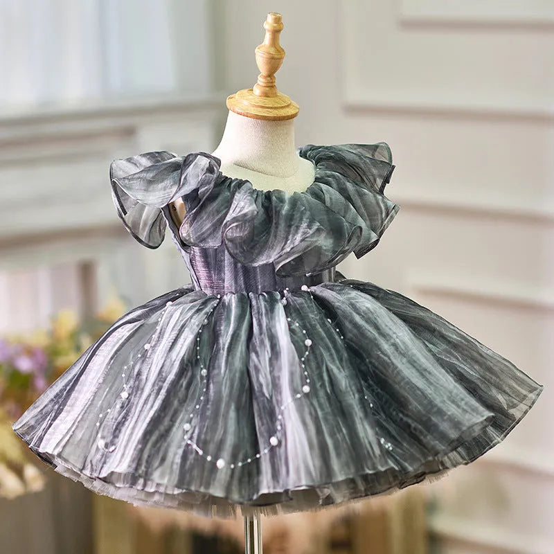 Girls birthday party dress in high grade gray, princess style, polyester lined, sizes 80cm to 160cm