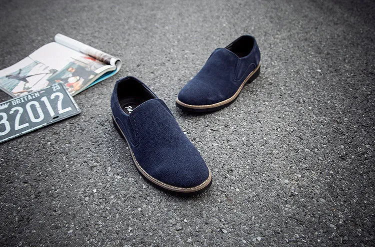 Men's casual leather shoes frosted round toe slip-on style in black